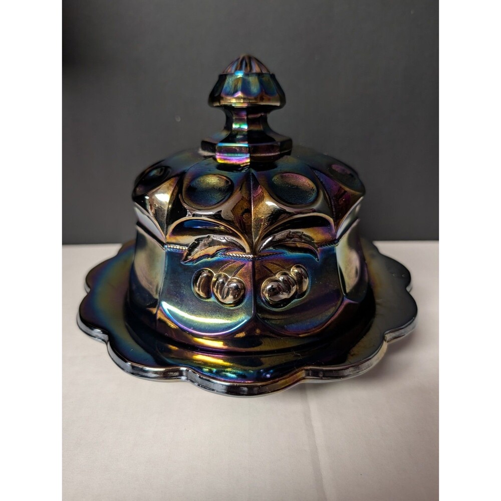 VINTAGE Mosser Large Cherry & Cable Round Butter Dish Amethyst Carnival RARE